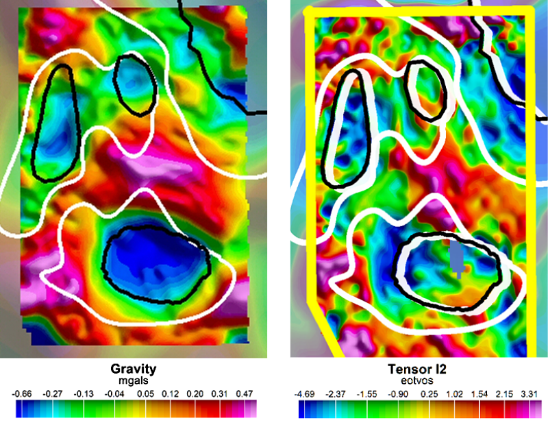 Conventional Gravity from FTG (left) and Invariant Tensor from FTG (right). Negative anomalies locate areas of low density / high porosity. White polygons outline known carbonates; black polygons outline known Gas fields